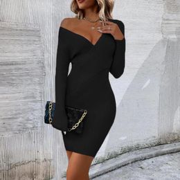 Casual Dresses COZOK Women Sweater Dress Sexy Open V Neck Long Sleeves Elegant Slim Fit Pencil Skirt Knitting Winter Pullover Maxi Tops