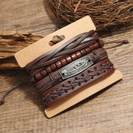 Charm Bracelets Retro Woven Men's Leather Bracelet Vintage Jewelry Diy Combination Suit Braided Rope Chain Feather Accessories