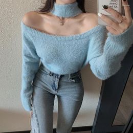 Women's Sweaters Mink Fleece Pink Fall Women Pullover Female One Off Shoulder Shirt Knit Spring Fashion Sexy Loose Harajuku Oversized