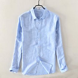 Men's Casual Shirts Mens Cotton And Linen Long-sleeved Solid Colour Shirt Comfortable Autumn Summer Sky Blue For Men Camisa
