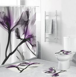 Curtains Purple Flowers Shower Curtain Set Bath Mats Rugs Beautiful Flower Toilet Lid Cover Antislip Carpet Bathroom Curtains Home Decor