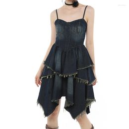 Casual Dresses Women's Bra Strap Denim Dress Summer Chic Design Multi-layer Splicing Sleeveless Suspender Irregular A-line Short Skirt