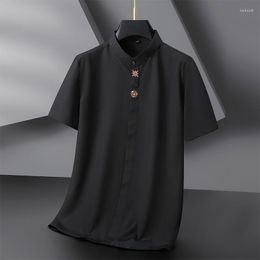Men's Casual Shirts Chinese Style Stand Collar Embroidered Plus Size Men's Short-Sleeved Shirt Loose