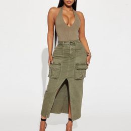 Skirts Fashion Buttons High Waist Pure Colour Ankle Length Cargo Skirt Woman Vintage Straight Split Sexy Street Style Denim Long