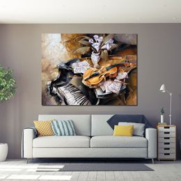 Abstract Canvas Art Violin on Piano Hand Painted Artwork Painting for Office Space Modern Decor