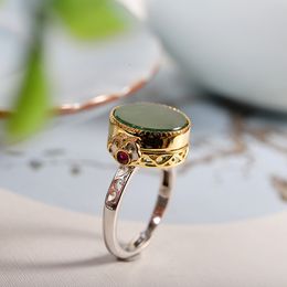 Solitaire Ring silver round natural Hetian jasper rings for women classic exquisite openable Gawu Box Chinese style fashion jewelry 230609