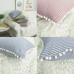 Pillow Ball Embroidery Sofa Cover Tassels 45X45CM Black Blue Red Green Coffee Strip Printed Throw Case Cotton/Poly