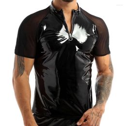 Men's T Shirts Men PVC T-shist Mesh Shorts Sleeve Faux Leather Tight Clubwear Pullover Streetwear Sexy Stage Costumes Oufits