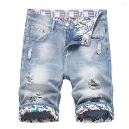 Men's Shorts Men Summer Denim Stripe Stars Letters Print Hem Jeans Holes Ripped Distressed Breeches
