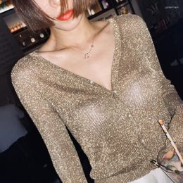 Women's Knits Gold Solver Glitter Yarn Threaded Knitted Cardigan With Pearl Buckle Bright Silk Thin Sweater Coat Pearls Beaded Knitwear Tops