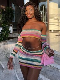 Two Piece Dress Sisterlinda Knitted Striped Colorful Set Women Off Shoulders Elegant Crop TopsMini Skirts Matching Streetwear Outfits 230612