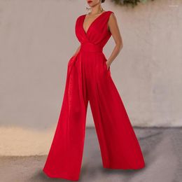 Women's Two Piece Pants Office Elegant Deep V-neck Pleated Long Jumpsuit Women Sexy Sleeveless Pockets Rompers Summer Fashion High Waist