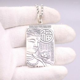 Chains Real 999 Fine Silver Big Kwan-yin Oblong Pendant 2.13"H 19.7" Rolo Chain