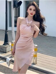 Casual Dresses Summer Y2K Satin Women Evening Dress Chic Pink Sexy Halter Backless Slim Midi Party Club Prom Birthday Robe Femme Mujer