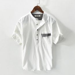 Men's Casual Shirts Summer Linen Cotton Pullover Short Sleeve Shirt For Men Chinese Styles Damaged Pocket Design Half-cardigans Blouses