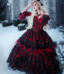 2023 Vintage Black And Red Wedding Dresses 3D Floral Appliques Princess A Line Lace Gothic Bridal Gowns With Detachable Long Sleeves Corset Plus Size Vestido De Novia