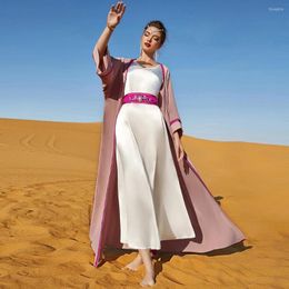 Ethnic Clothing Luxury Women Dubai Abaya Sets Muslim Islamic Open Kimono Sleeve Cardigan Robe Inner Sleeveless Dress Belted Kaftan Gown S-XL