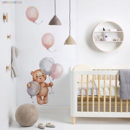 Cartoon Cute Bear with Air Ballons Wall Stickers for Baby Nursery Room Kids Decoration Watercolour Wall Decals Nordic