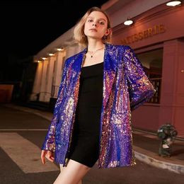 Women's Suits S-3XL High Quality Fashion Sequins Colourful Polo Collar One Button Long Sleeve Fit Shiny Clothing Coat Women Blazer