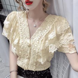 Women's Blouses 2023 Summer Tops Ruffles Lace Shirt Women Short Sleeve V-neck Elegant Blouse Woman Fashion Vintage Crochet Blusas 14175