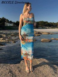 Casual Dresses Summer Beach Print Women Dress Sexy Backless Sleeveless Vacation Style Female Dresses Bohemian Scenery Mesh Lady Vestidos Z0612