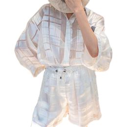 Womens Two Piece Pants Brunello Spring Cucinelli Silk Plaid Shirt Shorts Casual Suit White and Black Set