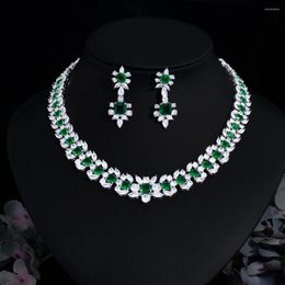 Necklace Earrings Set BeaQueen Sparkling White Gold Color Dark Green Cubic Zircon Chunky Luxury Dubai Women Bridal Jewelry JS387