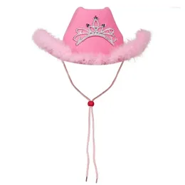 Berets Style Cowboy Hat Pink Women Girls Birthday Party Caps With Feather Sequin Decoration Crown Tiara Night Club Cowgirl Hats