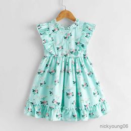 Girl's Dresses New Summer Dress Children And Style Princess Kids Fly-Sleeve Flower pattern Blue Clothes R230612