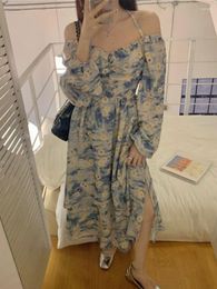 Casual Dresses Alien Kitty Freesia Printed Flowers Long Dress Women Blue 2023 Summer Sexy Halter Chic Loose Office Lady Slim Sweet Wedding