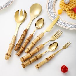 Dinnerware Sets 7Pcs Nature Bamboo Gold Cutlery Set Stainless Steel Creativity Gift Silver Flatware 304 Knife Salad Fork Spoon Drop
