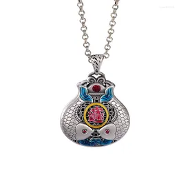 Pendant Necklaces RetroSen Silver Colour Cloisonne Guochao Good Luck Pisces Ruyi Fu Character Necklace Men's Pendants Jewellery