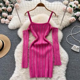 Casual Dresses Sexy Off Shoulder Glitter Sequins Long Sleeve Dress Chic Birthday Party Knit Vestido Women Autumn Winter Pencil Sweater Robe