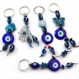 Blue Evil Eye Keychain Butterfly Elephant Palm Charms Key Ring for Women Men Pendant Bag Car Key Accessories