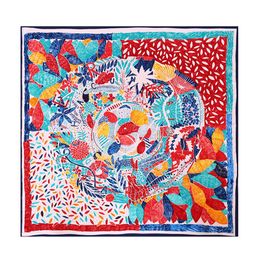 POBING 100% Twill Scarf Women Fashion Foulard Neckerchief Multicolor Leaf Print Scarves Large Square Neck Wrap New Beach Towel 130251C