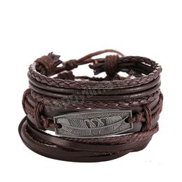 Vinatge Gothic Punk Feather Leaf Metal Multilayer Leather Bracelet for Men Bracelets & Bangles Male Arm Jewellery Accessories