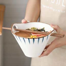Bowls Japanese Style Ramen Bowl Salad Rice Pasta Fruit Soup Noodle Handpainted Double Ear Tableware Microwave Ceramic Dinnerware