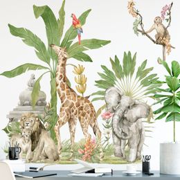 Watercolor Africa Animals Giraffe Elephant Lion Tropical Plants Tree Wall Stickers for Living Room Kids Room Playroom Wall Decal
