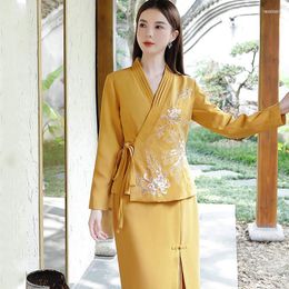 Ethnic Clothing Retro Chinese Style Embroidery Women's Two-Piece Suit 2023 High-End Elegant V-Neck Long Sleeve Belt Top Hip Skirt S-XXL
