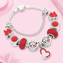 Charm Bracelets Romantic Red Heart Arrow & Bangles Enamel Lipstick Beads Bracelet For Women Girl Lover Gift