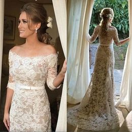 2023 Vintage Lace Mermaid Wedding Dresses Bridal Gown Off the Shoulder Half Sleeves Ribbon Boho Custom Made Sweep Train Vestidos de novia Plus Size