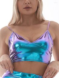 Women's Tanks Women Holographic V Neck Metallic Tank Top Bustier Spaghetti Strap Crop Tight Sleeveless Cami Vest