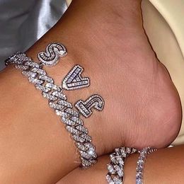 Anklets Hiphop Diy Name Cuban Link Anklet Bracelets for Women Crystal Baguette Letter Pendant Miami Ankle Chain Statement Jewellery 230608