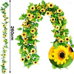 Decorative Flowers 260cm/8.5ft Artificial Silk Sunflower Garland Yellow Sunflowe With Green Leaves For Wedding Garden Decor