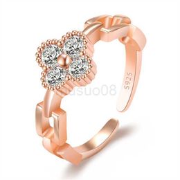 Band Rings korean sweet fashion clover designer band rings for women cz zircon shining crystal open silver rose gold ring party jewelry gift J230612