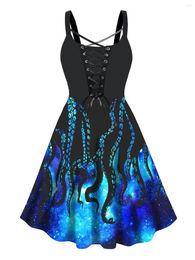 Casual Dresses Dressfo Plus Size Galaxy Octopus Print Lace Up High Waisted Midi Dress Gothic Oversized Women Robe For Summer Party