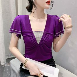 Women's T Shirts 2023 Summer Mesh Tops Korean Diamond Double Layer Ruffle Shirt V Neck Short Sleeve Women