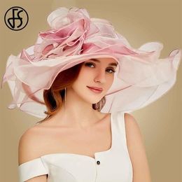 FS Pink Kentucky Derby Hat For Women Organza Sun Hats Flowers Elegant Summer Large Wide Brim Ladies Wedding Church Fedoras T200602280R