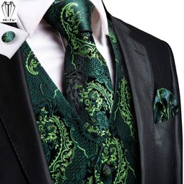 Blazers HiTie Silk Mens Suit Vests Green Floral 4PC Woven Waistcoat Tie Pocket Square Cufflinks Set Business Wedding Dress Waist Jacket