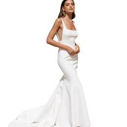 Backless Square Collar Satin Mermaid Wedding Dress Sexy White Spaghetti Straps Chic Boho Bridal Gowns vestidos de novia Robe De Mariee